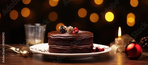 A festive table with a chocolate layer cake as the centerpiece boasts an enticing copy space image