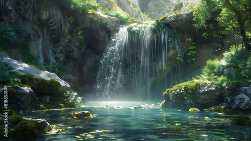 Enchanting waterfall cascading into a crystal-clear pool, 