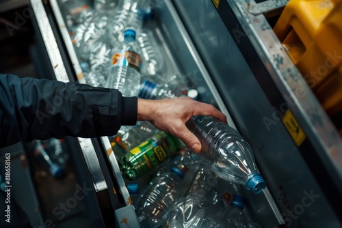 A man is standing in front of a vending machine, holding a bottle of water. Various recyclables can be seen inside the machine