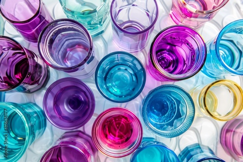 Array of vibrant drinkware on table, including purple, electric blue, and glass mason jars