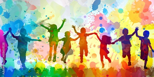 group of children jumping in the air with their arms in the air and paint splatters all around them photo