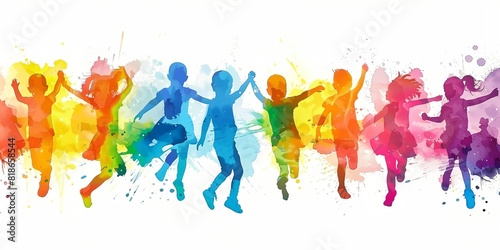 group of people running in line with colored paint splatters