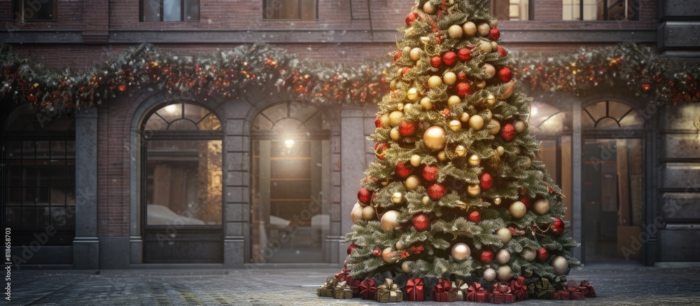A beautifully decorated Christmas tree on a street with plenty of space for copy image