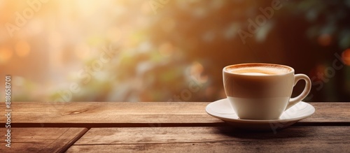 A cup of coffee espresso on a wooden table with a copy space image