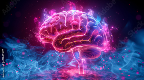 A glowing brain with pink and blue colors and smoke, which gives it a mysterious and otherworldly appearance. Neurology and medicine concept. Conceptual image for human mind and study of intelligence 