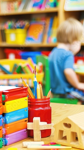 A row of colorful writing implements on a wooden table