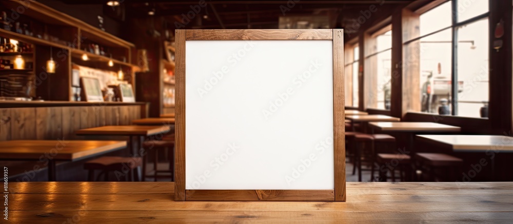 A menu frame is placed on a wooden table at a bar restaurant cafe providing a space for text to promote marketing 101 characters. with copy space image. Place for adding text or design A menu frame is placed on a wooden table at a bar restaurant cafe providing a space for text to promote marketing 101 characters. with copy space image. Place for adding text or design