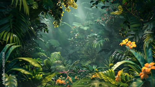 Exotic jungle scene with dense foliage and vibrant tropical flowers under a canopy of green. © Ahmad