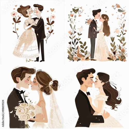 A series of four wedding illustrations featuring a bride and groom. The first illustration shows a bride and groom kissing, while the second illustration shows a bride and groom holding hands