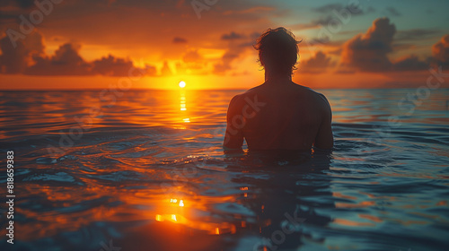 A man is swimming in the ocean at sunset. The water is calm and the sky is orange