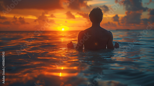 A man is swimming in the ocean at sunset. The water is calm and the sky is orange