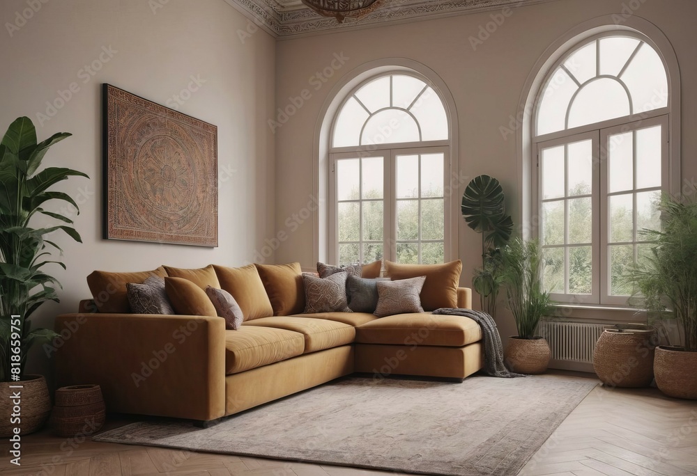 Elegant Living Room with Grand Windows Elegant Living Room with Grand Windows