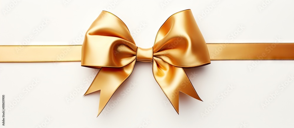 A gold ribbon bow with a festive touch standing alone against a white background in a copy space image A gold ribbon bow with a festive touch standing alone against a white background in a copy space image