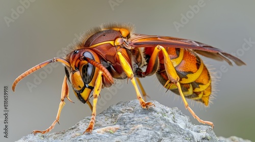 Detailed close up shot of an asian hornet on nest with excellent natural lighting for photography