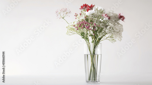 A bouquet of mixed flowers in a tall glass vase filled with water  against a plain white background  highlighting simplicity and natural beauty.