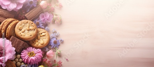 A background for Mother s Day featuring flowers and cookies with a frame available for text or additional images