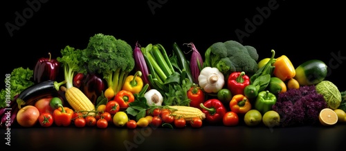 Colorful fruits and vegetables arranged on a black backdrop providing a copy space image