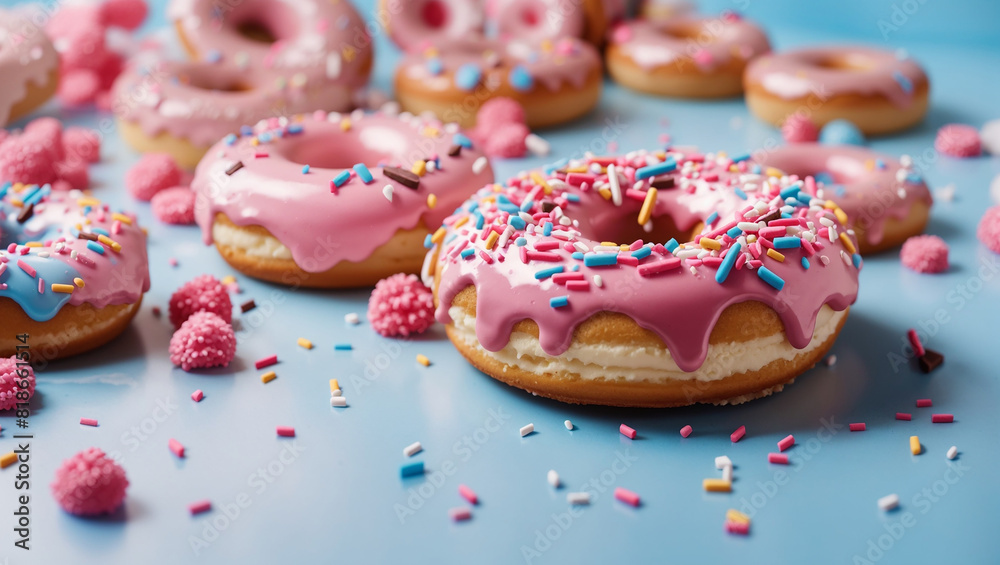 There are several pink donuts with blue, white, and yellow sprinkles on a blue table.

