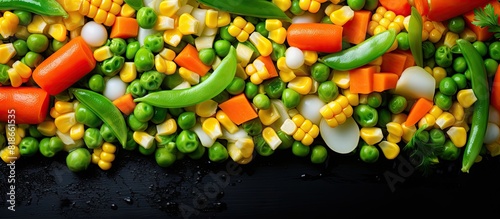 A mix of frozen vegetables containing corn carrots and green peas ideal for various recipes with a background of a copy space image