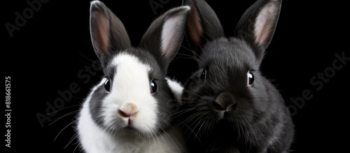 Black and white mini rex rabbits in a copy space image against a black background photo