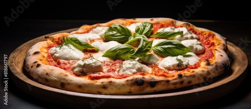 Authentic Italian Margherita pizza crafted with fresh homemade dough topped with creamy buffalo mozzarella and aromatic basil Enhance your taste buds with this tantalizing copy space image
