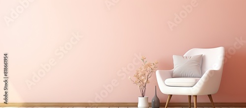 In the interior living room there is a white armchair that is both comfortable and inviting The room features a pastel pink wall providing a perfect backdrop for a copy space image The overall interio photo