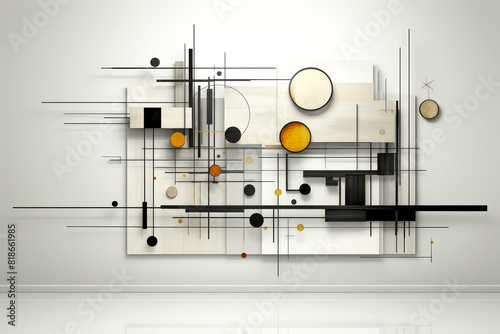 Elegant abstract artwork featuring mix of red, yellow, black, and white geometric shapes on soft grey background photo