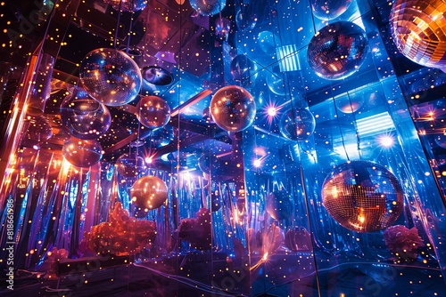 sparkling, vibrant scene with mirrored shapes and swirling lights capturing the essence of disco dance, with hints of disco balls and platform shoes photo