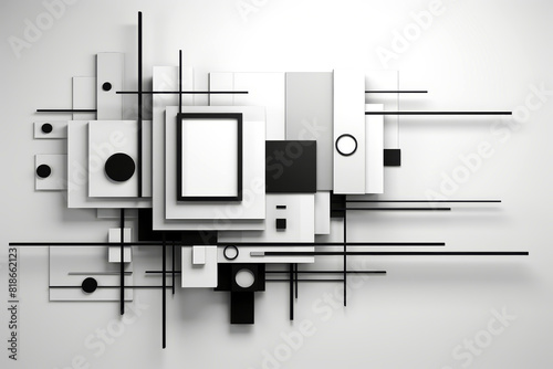 Elegant abstract artwork featuring black and white geometric shapes on soft grey background