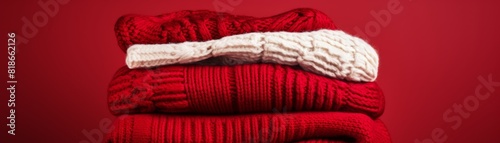 Stack of cozy knit sweaters on red background