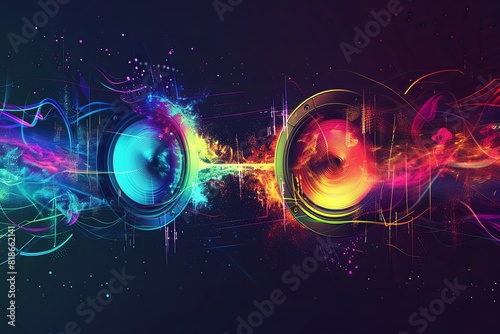 Dynamic, vibrant shapes and colorful bursts representing the high-energy and eclectic beats of electronic dance music (EDM), with abstract speakers and digital waveform