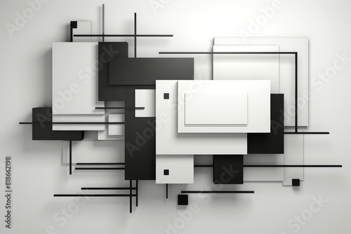 Elegant abstract artwork featuring black and white geometric shapes on soft grey background