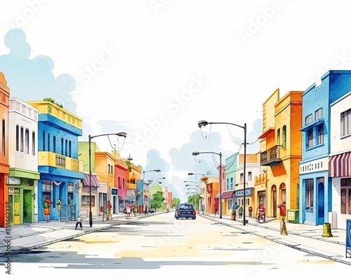 Colorful illustration of a vibrant city street with charming buildings, pedestrians, and streetlights under a clear sky. © Jeannaa