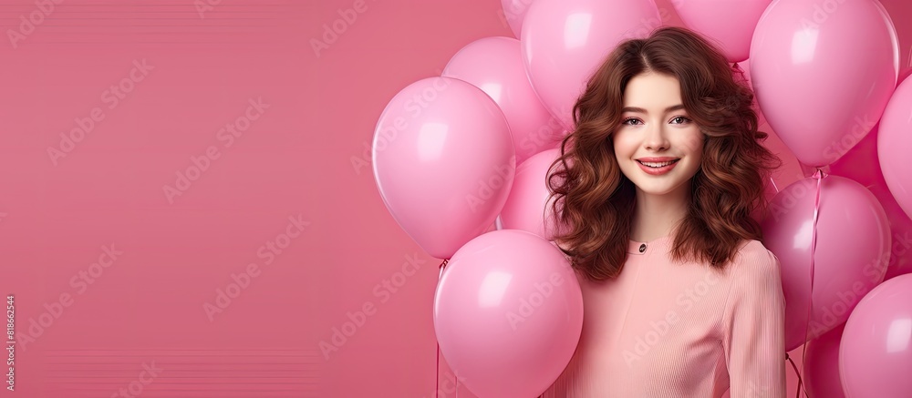 A lovely girl with a bright smile poses with pink balloons standing alone against a pink background leaving space for text or images. with copy space image. Place for adding text or design