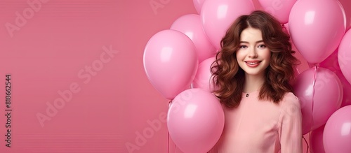 A lovely girl with a bright smile poses with pink balloons standing alone against a pink background leaving space for text or images. with copy space image. Place for adding text or design