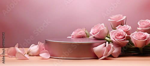 A pink background with a podium featuring beautiful pink rose flowers The podium is perfect for showcasing products gifts or cosmetics with ample copy space for design or advertising purposes