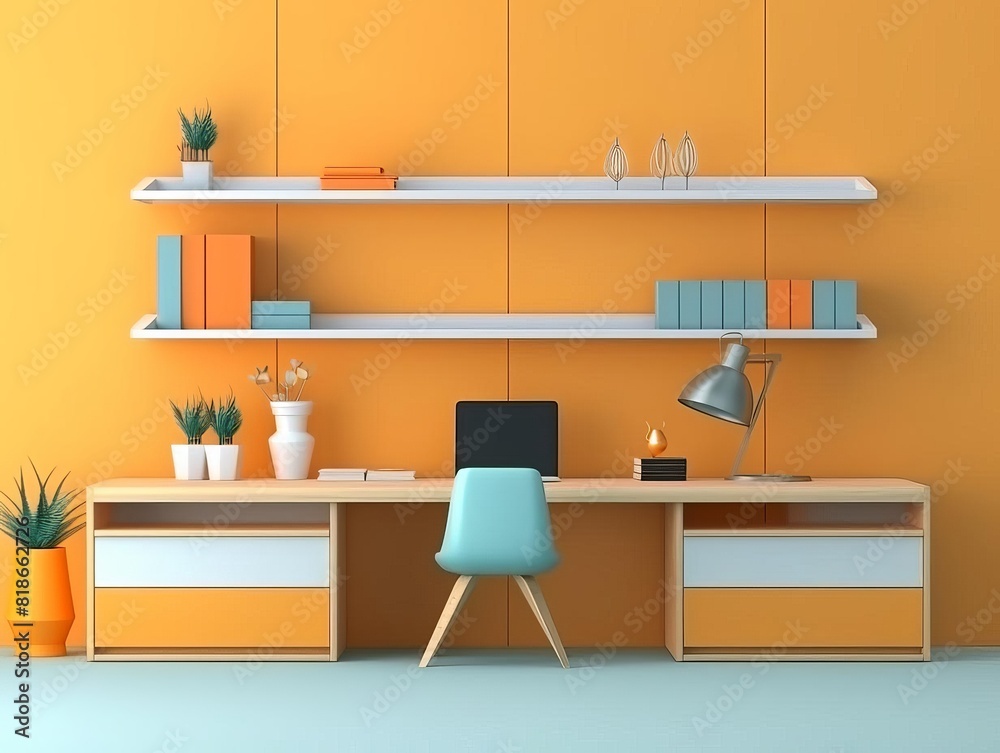 Modern home office setup with stylish orange and blue decor, featuring a desk, chair, and shelves with books and plants.