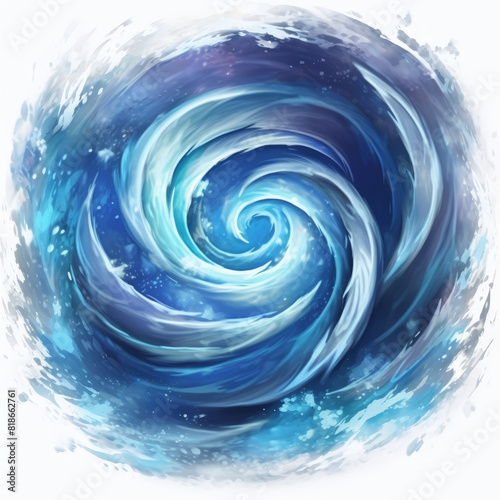  blue spiral galaxy on white background, swirling blue light and white glittery swirls. Blue spiral water effect