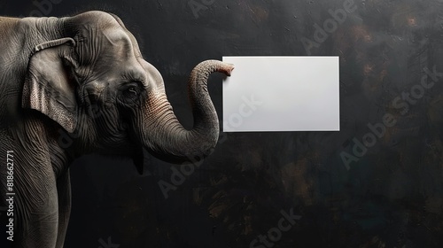 mockup with elephant holding a white sheet of paper with their trunks. a banner on a dark background with copy space. welcome to africa. elephant protection.