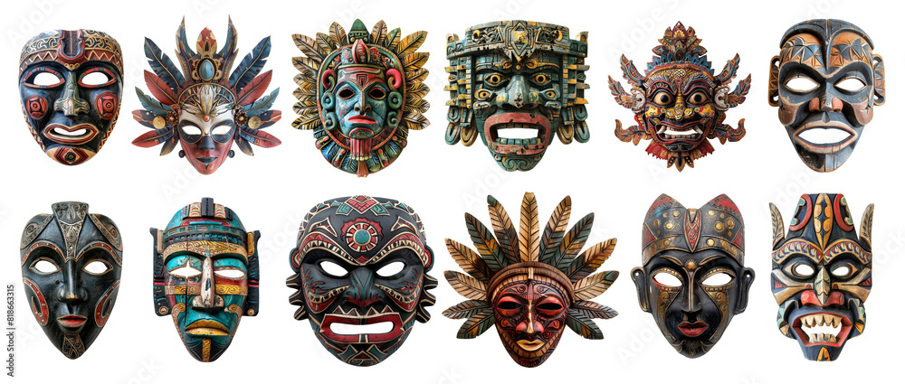 Ritual masks collection, cut out, isolated on transparent background. Ritual masks collection, cut out, isolated on transparent background.