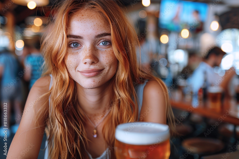 Australian woman working remote from a cafe and drink beer on table Australian woman working remote from a cafe and drink beer on table