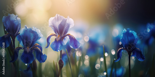 Blue irises. Iris flowers in the meadow in sunlight. Beautiful floral background for greeting card for Birthday, Mother's day, Easter, Women's day, Father's day, Wedding © maxa0109