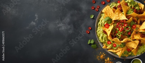 A top down view of Mexican nachos topped with guacamole placed on a gray concrete surface The image has ample space for additional content