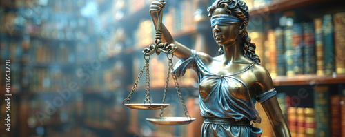 Scales of justice and the statue of lady Justice in front of an office or court room, symbolizing law protection and legal. photo