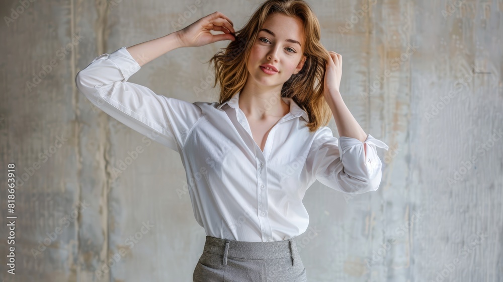 Young woman in a white shirt posing confidently, perfect for fashion, lifestyle, and professional content.