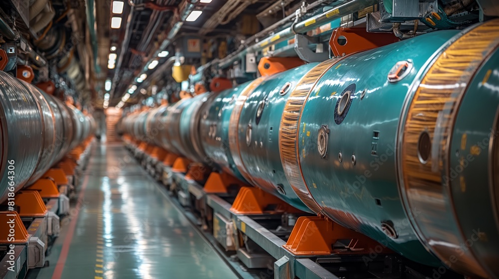 Advanced particle accelerator corridor with complex machinery, pipes, and wires, representing cutting-edge scientific technology. Advanced particle accelerator corridor with complex machinery, pipes, and wires, representing cutting-edge scientific technology.