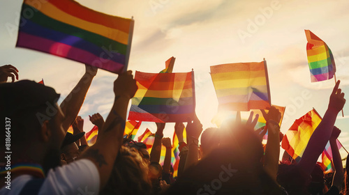 A group of diverse individuals proudly waving LGBTQ+ pride flags at a festival, emphasizing acceptance and pride