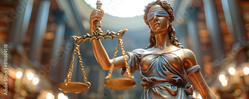 Scales of justice and the statue of lady Justice in front of an office or court room, symbolizing law protection and legal.