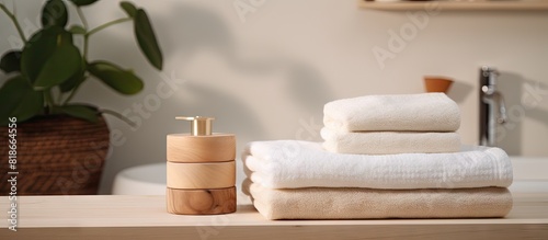 Blurred bathroom background with a wood plate holding towels for product display Ample space for image placement