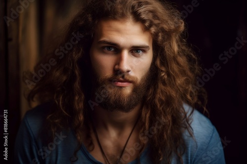 Young man with a beard and long curly hair Young man with a beard and long curly hair